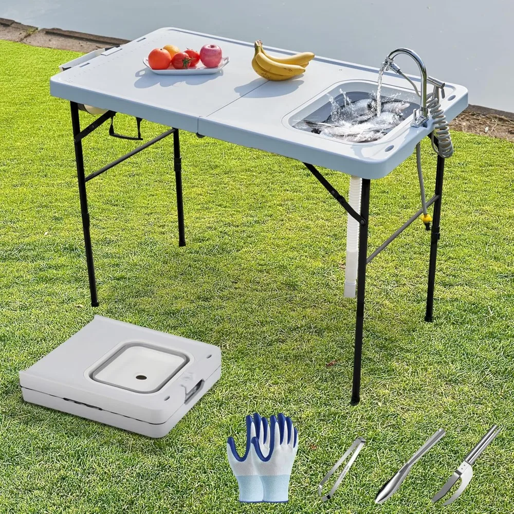 Mesa de limpieza de peces portátil de 50 "con fregadero y lavabo plegable, mesa de Camping plegable con grifo, rociador, guantes, cubo de basura