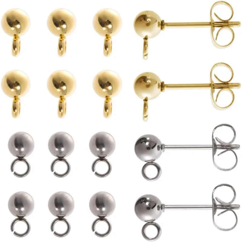 

1 Box 80Pcs 20 Pairs Real 18K Gold Plated Ball Post Studs Earring Post with Loop 4mm Earrings Studs Post Earring Findings Silver