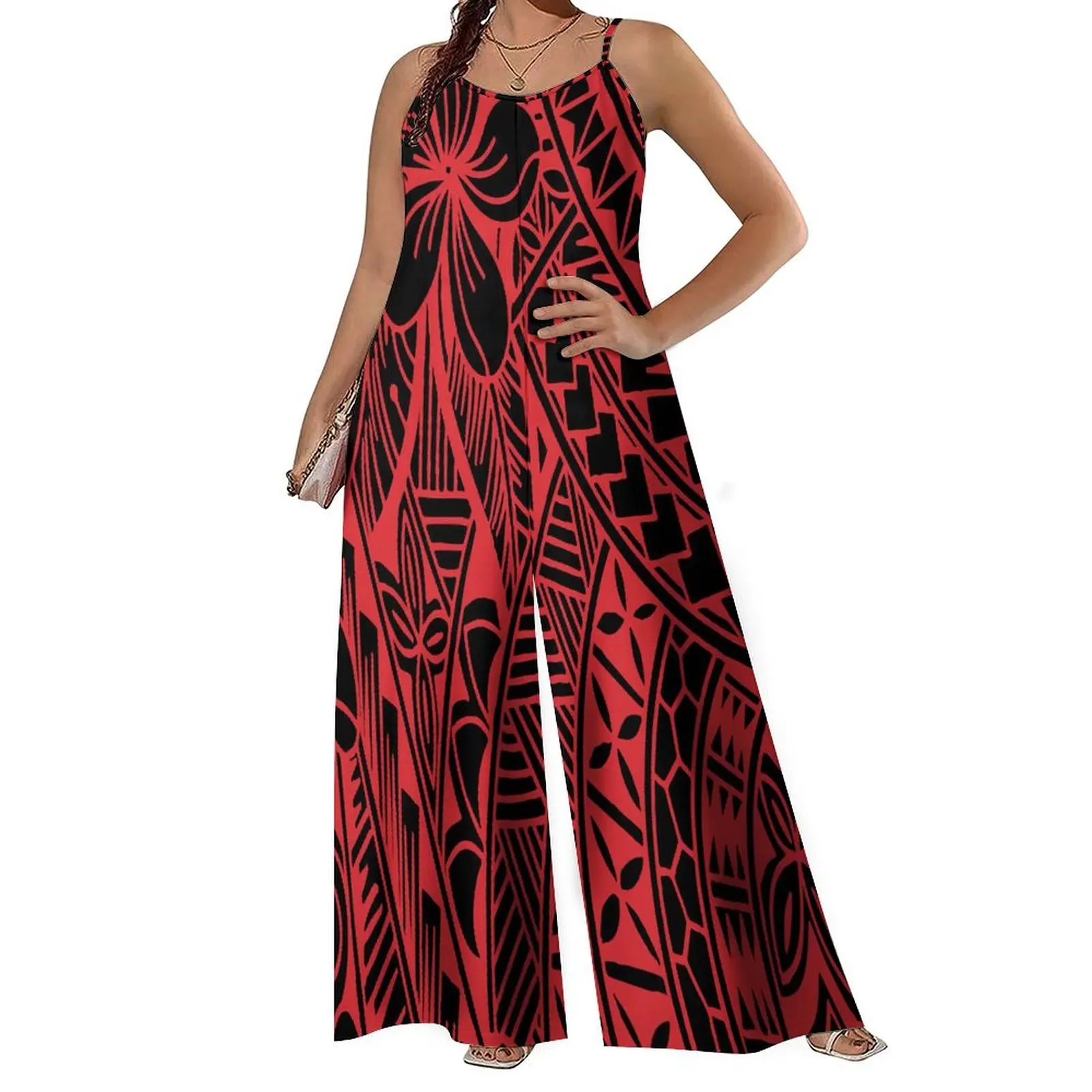 Niche Straight Trousers Romper Loose Slimming New Summer Women'S Polynesian Print Custom Stylish Women'S Strap Romper Pants