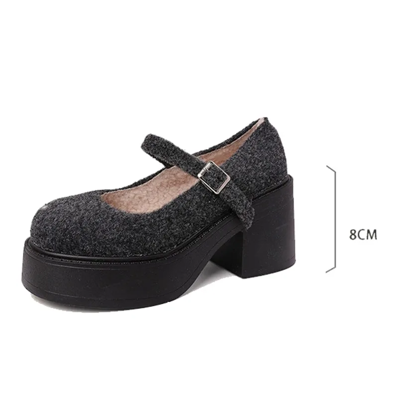 أنيقة عالية الكعب النساء الخريف الشتاء الدافئة الجلد المدبوغ مضخات صندل بكعب مكتنز مشبك حزام الجلد المدبوغ جولة تو الصلبة فساتين راقية الأحذية