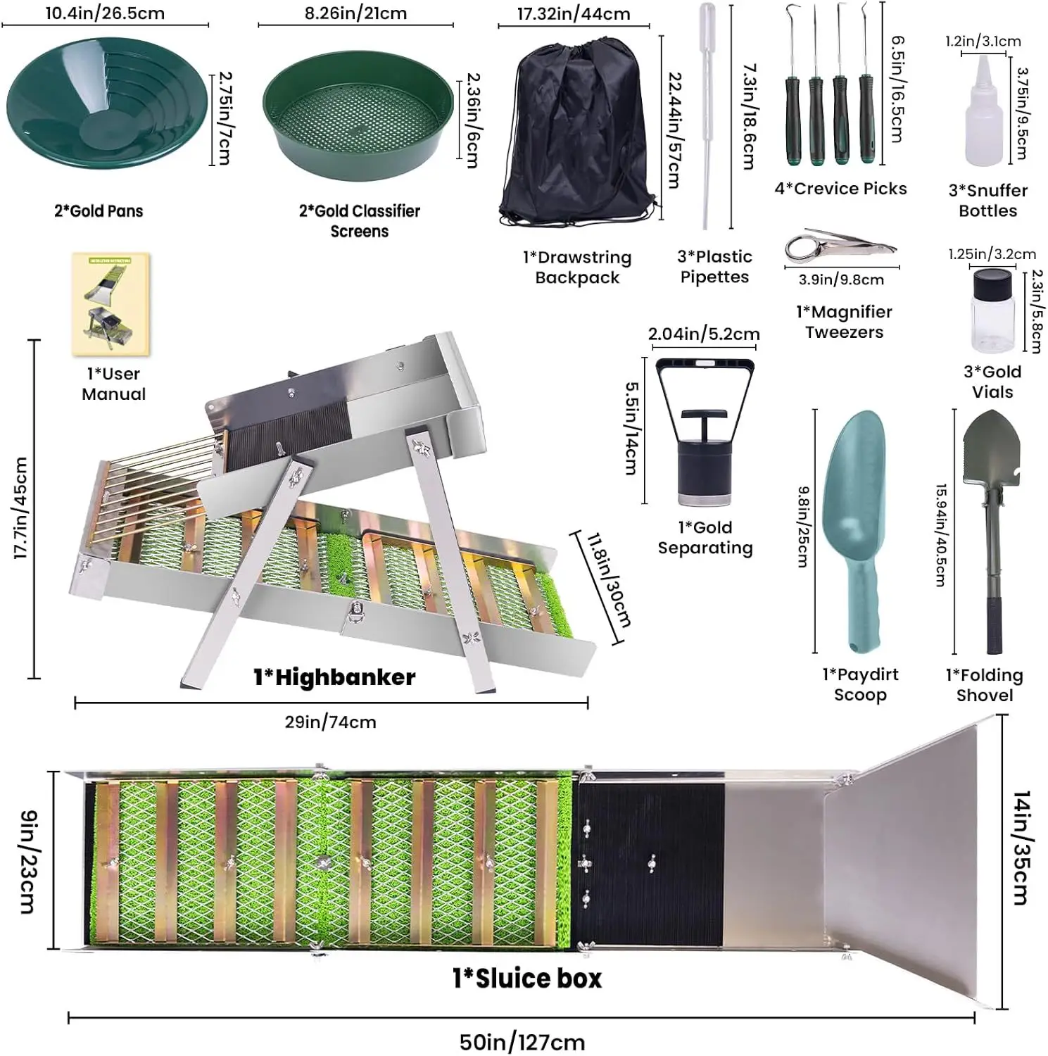1 Juego de Kit de presupuesto y prospección de oro con caja plegable de 50 ", equipo de minería portátil de aleación de aluminio, incluye accesorios