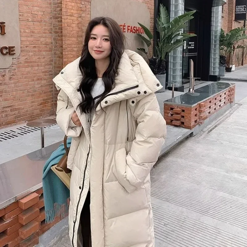 2024 New Korean Version Long Down Jacket for Women Over The Knee Big Quilt Hooded Thickened White Duck Down Winter Coat Comfort