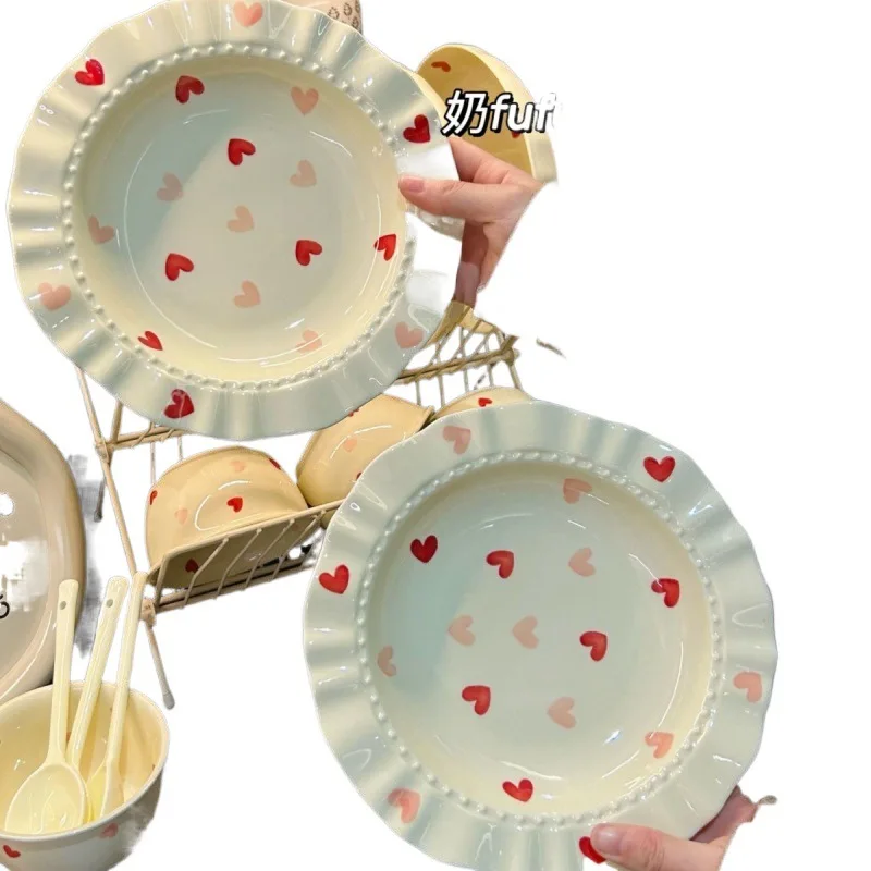 

Cream love lace straw hat household deep plate vegetable plate ceramic pasta high value salad plate tableware