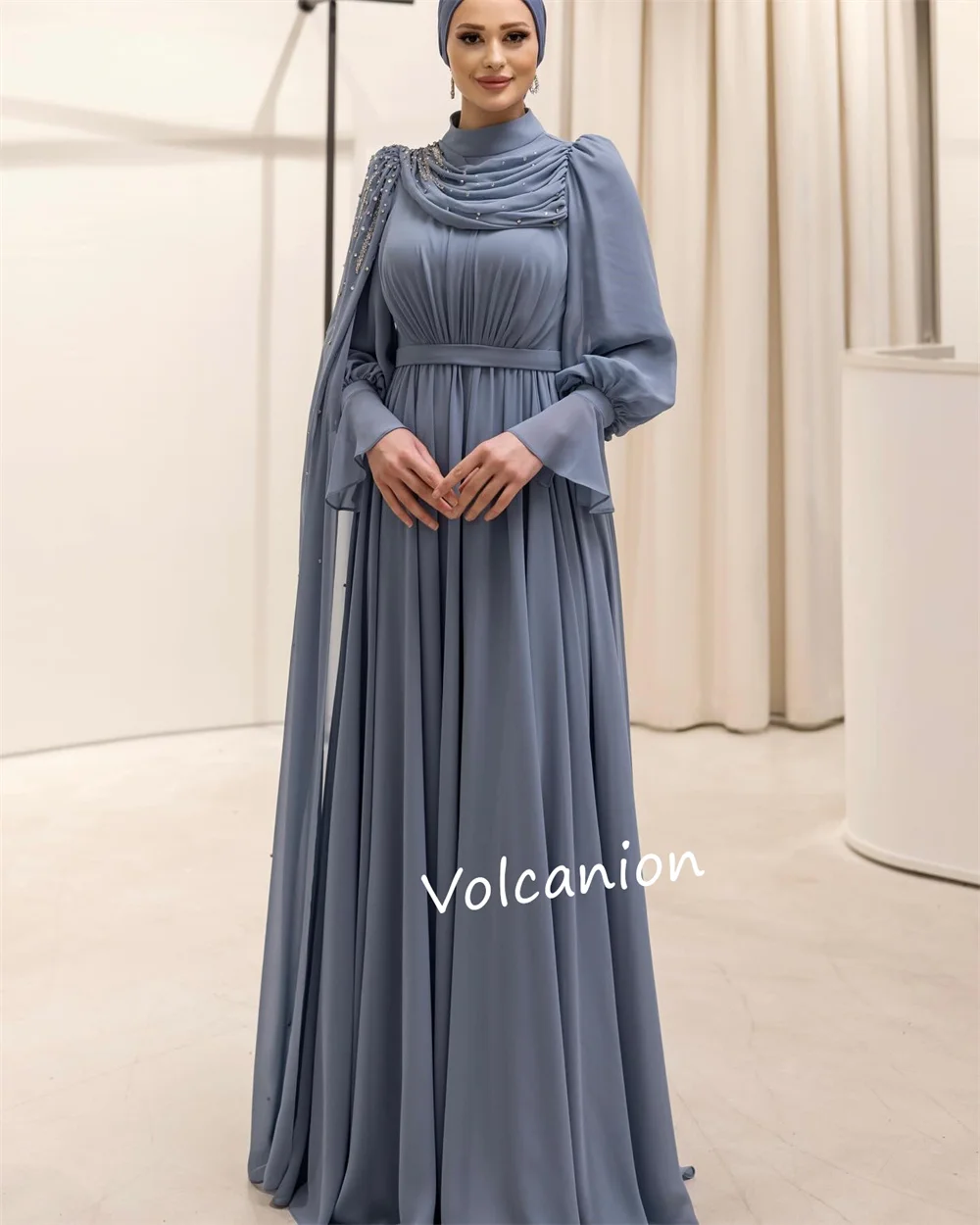 Vestidos largos de gasa personalizados con pliegues y lentejuelas, corte en A, cuello alto, ocasiones a medida, noche, elegante y sencillo