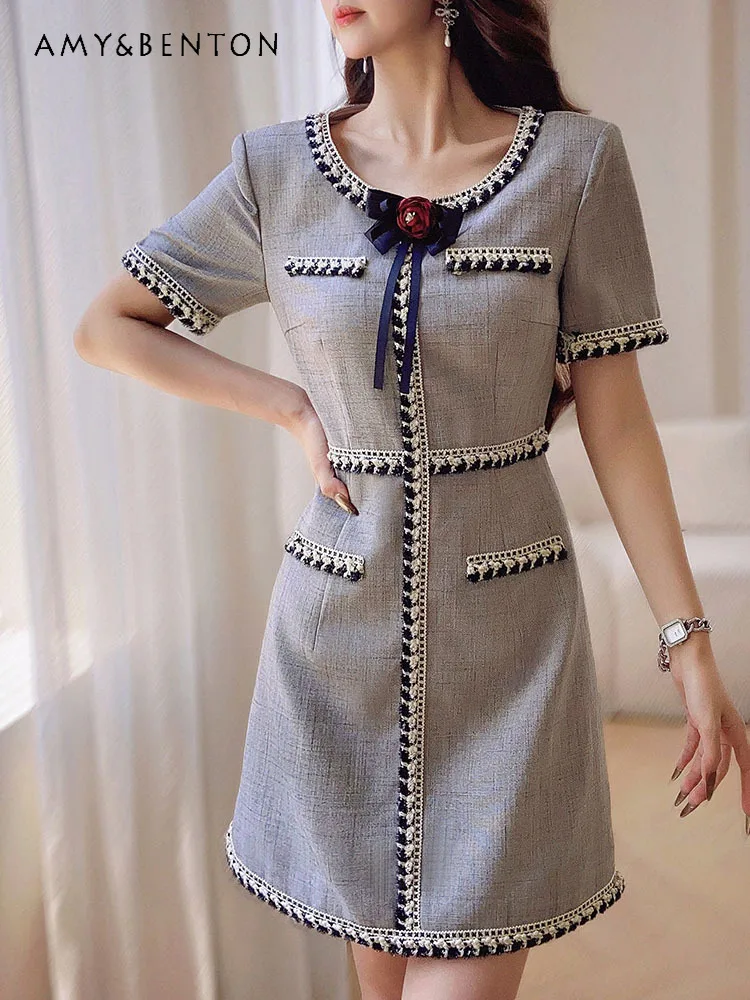 

French Socialite Heavy Industry Three-Dimensional Flower Beaded Dress for Women Summer Commute Style Fashion Slim A-line Dresses