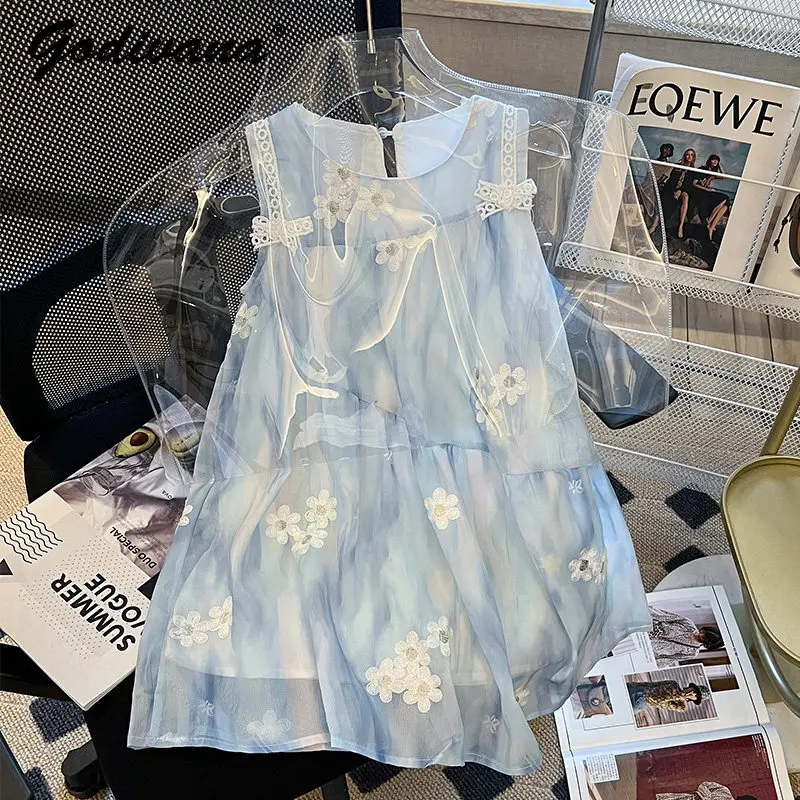 

Sweet Baby Girls Sleeveless Princess Dress Summer 2026 New Little Girls Heavy Blue Floral Embroidery Mesh Breathable Tank Dress
