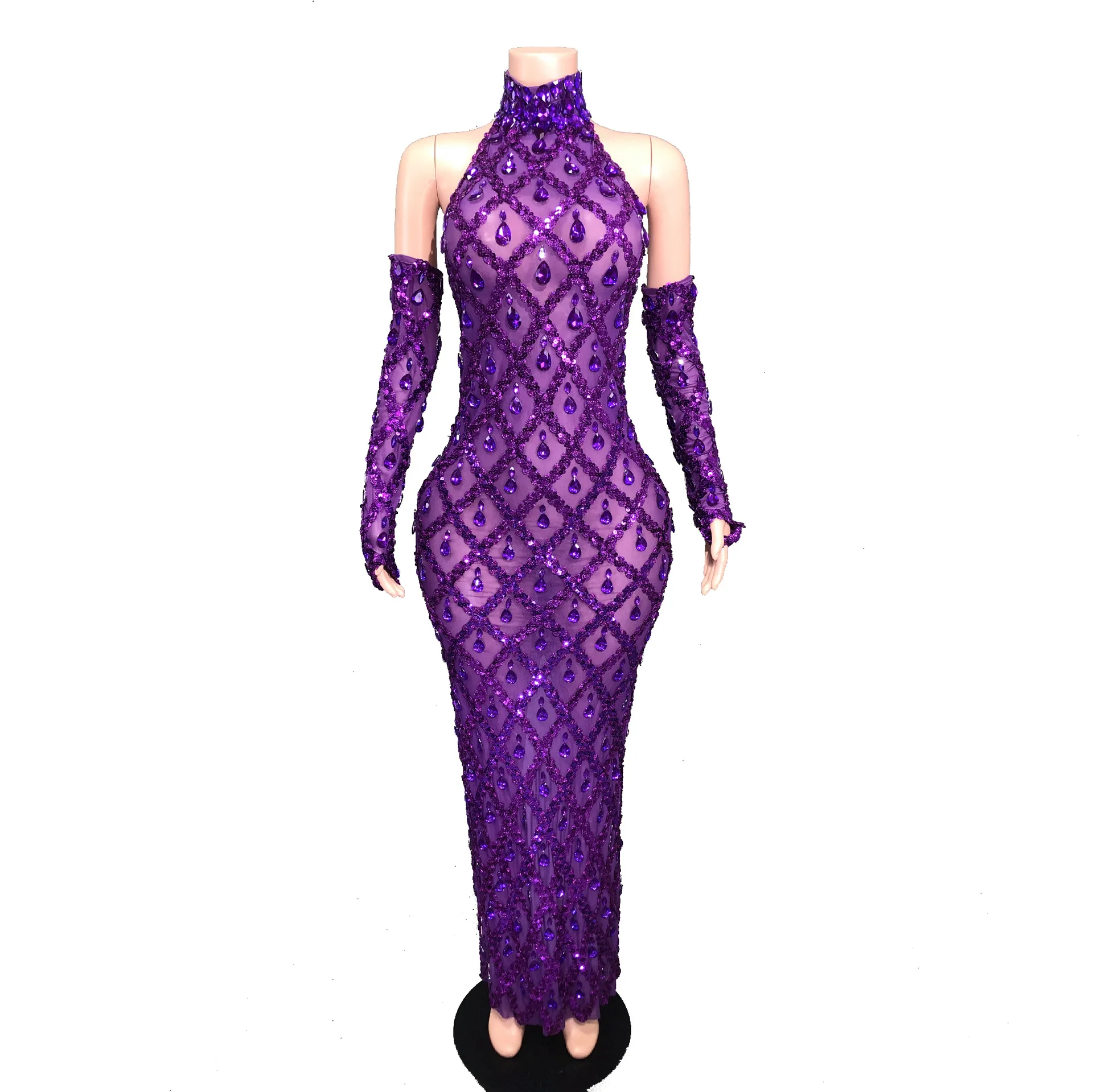 Traje aniversário desempenho perspectiva malha pescoço sem costas sem mangas vestido longo brilhante strass abacaxi vestidos de baile de luxo