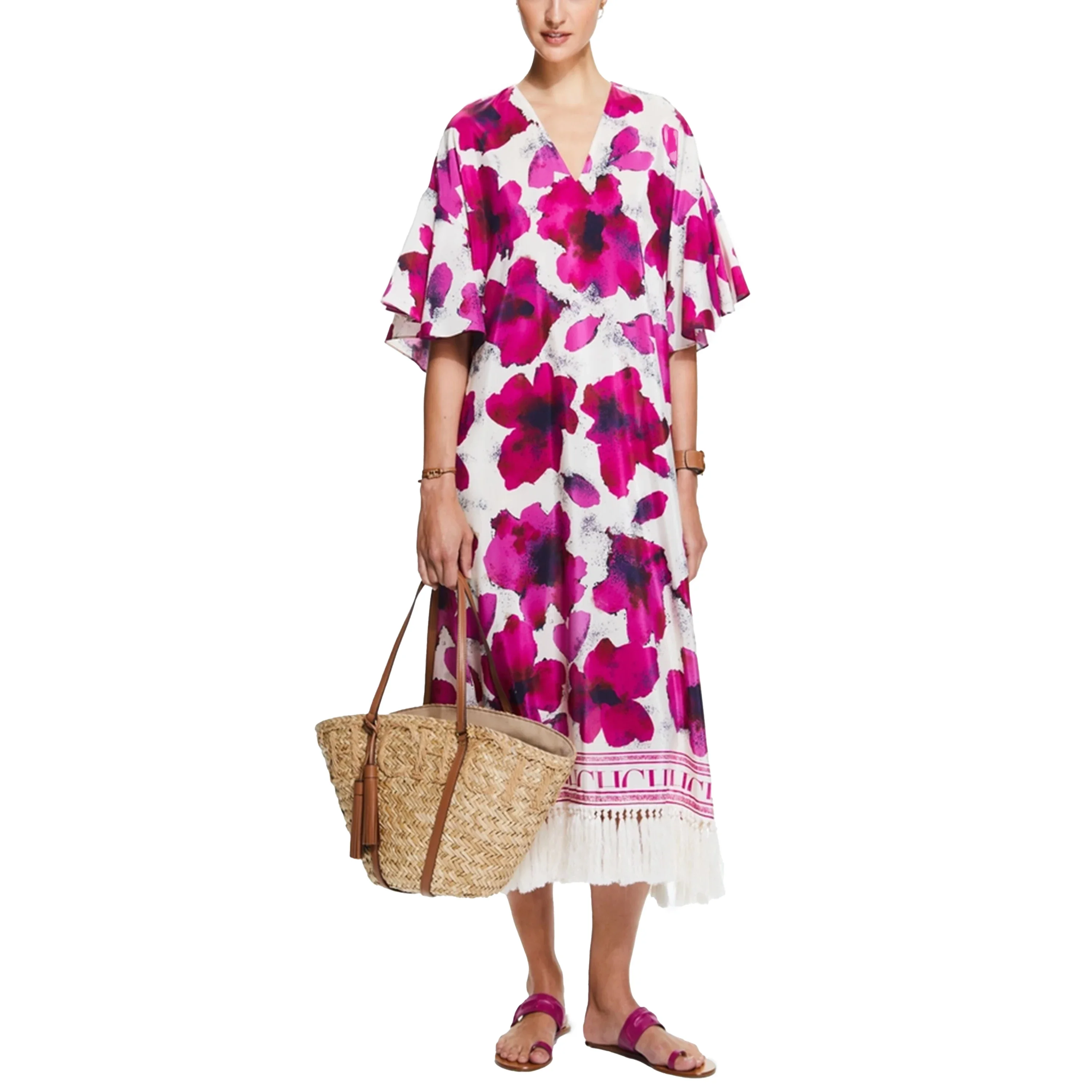 

CHCH 2024 Elegant Flower Maxi Dress Lady Fashion V-neck High Waist Dresses Women Chic Street Robes