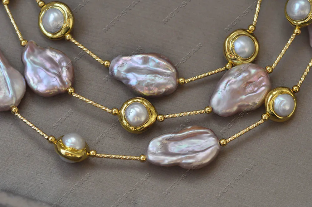 MTC·STAR  Z13077 Luster 45\'\' 25mm Peacock-Lavender Drop Coin White Gold Plated Pearl Necklace