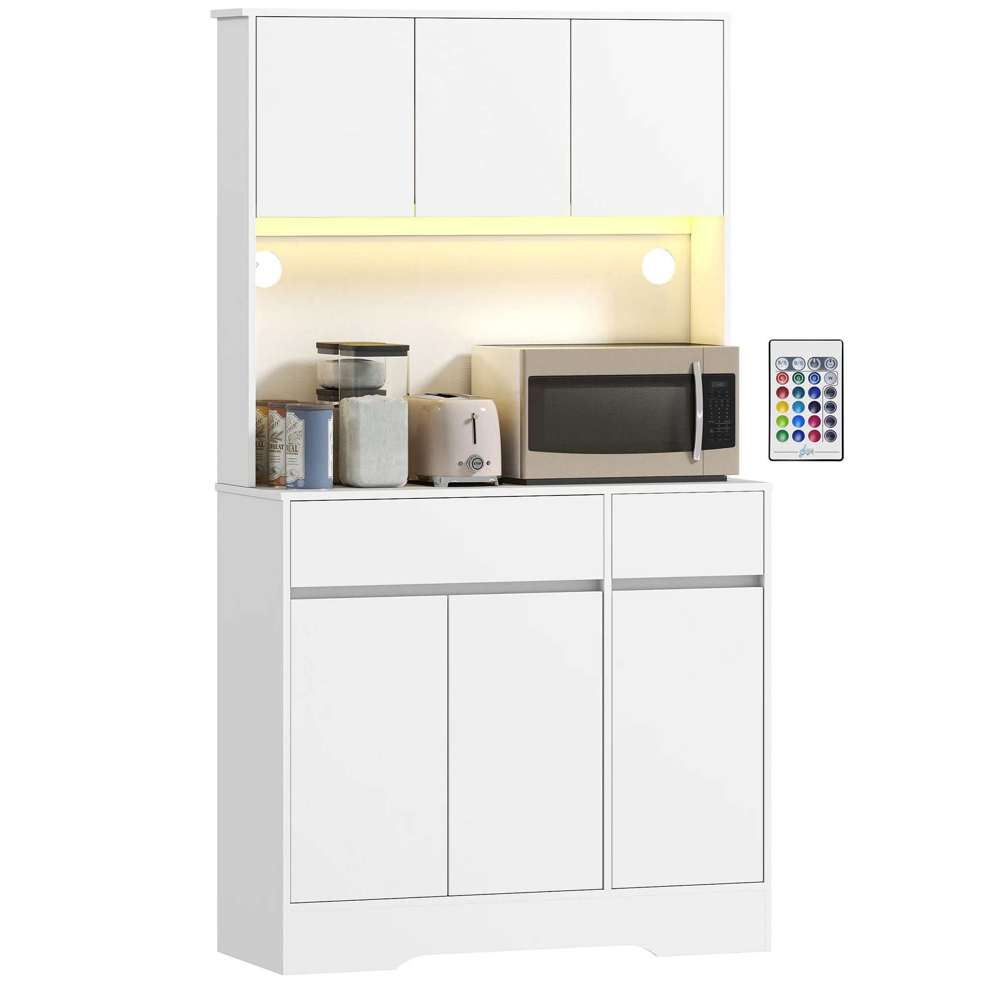 HOMCOM Mueble Buffet de Cocina con Luz LED RGB, Mueble de Almacenamiento para Cocina, Mueble de Almacenamiento con Encimera, Unidad de Almacenamiento con Superficie de Trabajo, 6 Puertas, 2