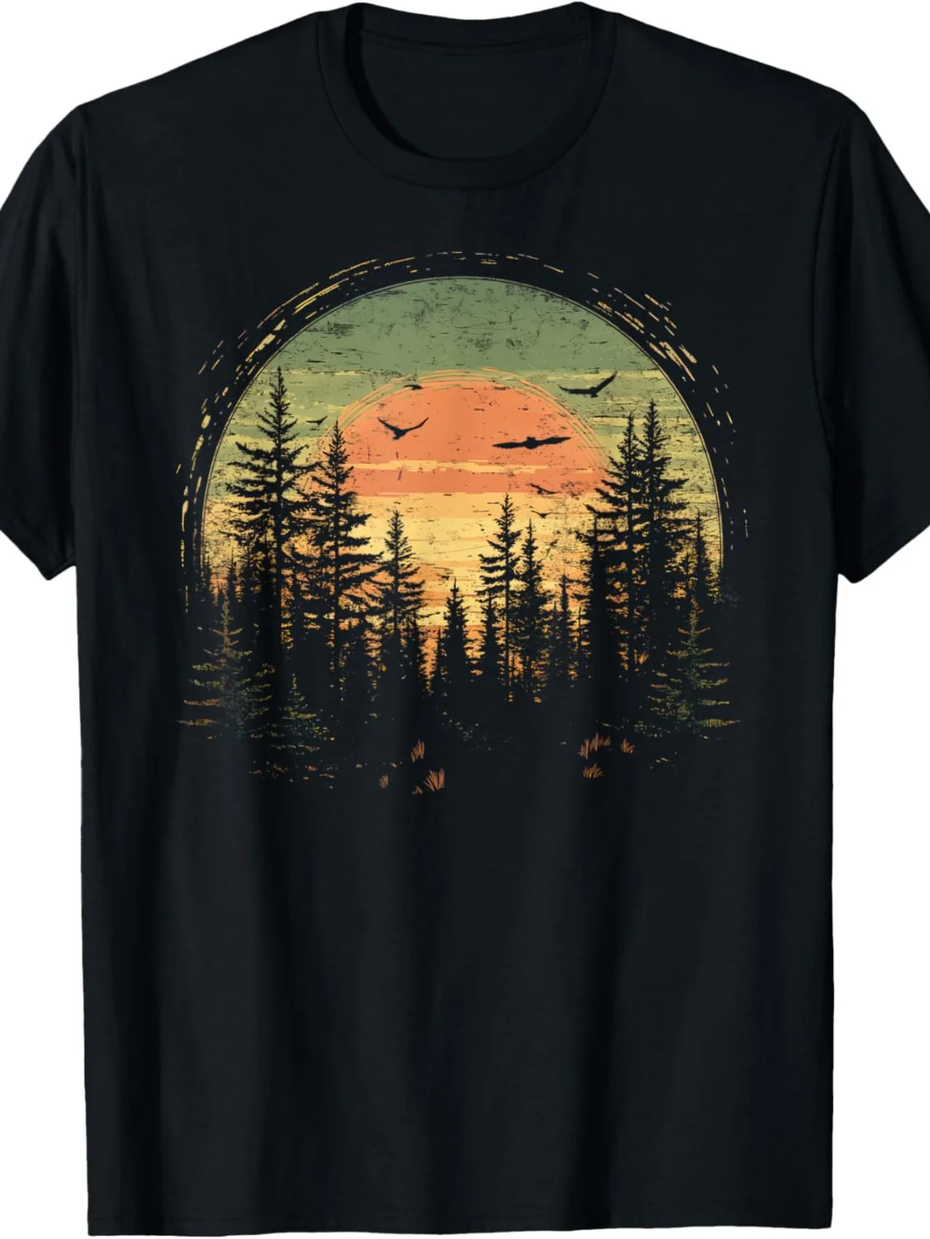 

Men'S Casual Cotton T-Shirt with Retro Wilderness Bear and Trees Reflection Print, Crew Neck, Short Sleeve, Loose Fit, All-Seaso