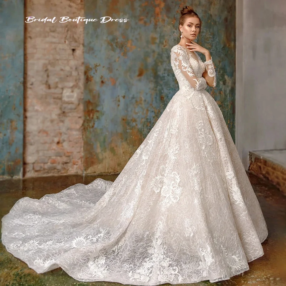 Eleganckie suknie ślubne balowe na zamówienie dla kobiet, seksowne suknie ślubne księżniczki z długim rękawem, zdobione koralikami i aplikacjami, Vestidos D