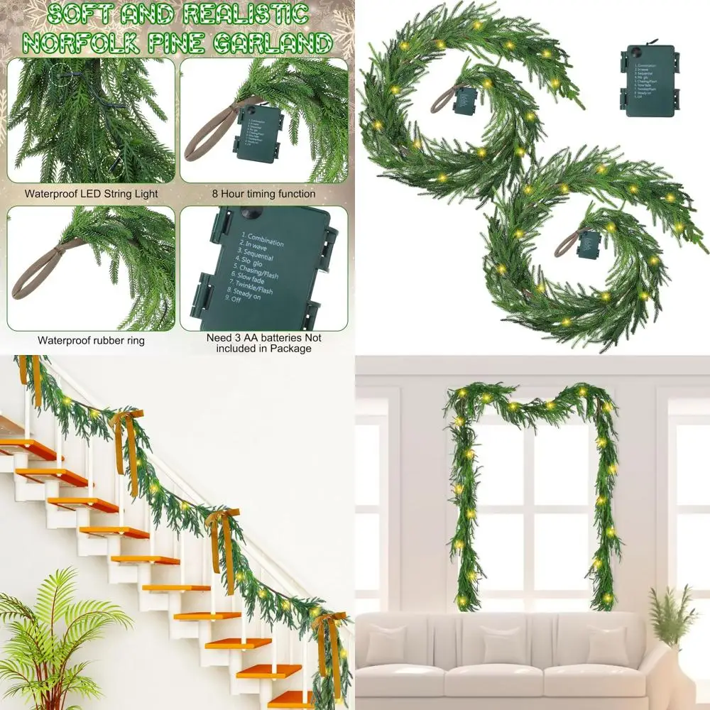 

Pre-Lit Artificial Norfolk Pine Garland with Warm White LEDs, 9 Feet, Set of 2 for Christmas & Outdoor Decor