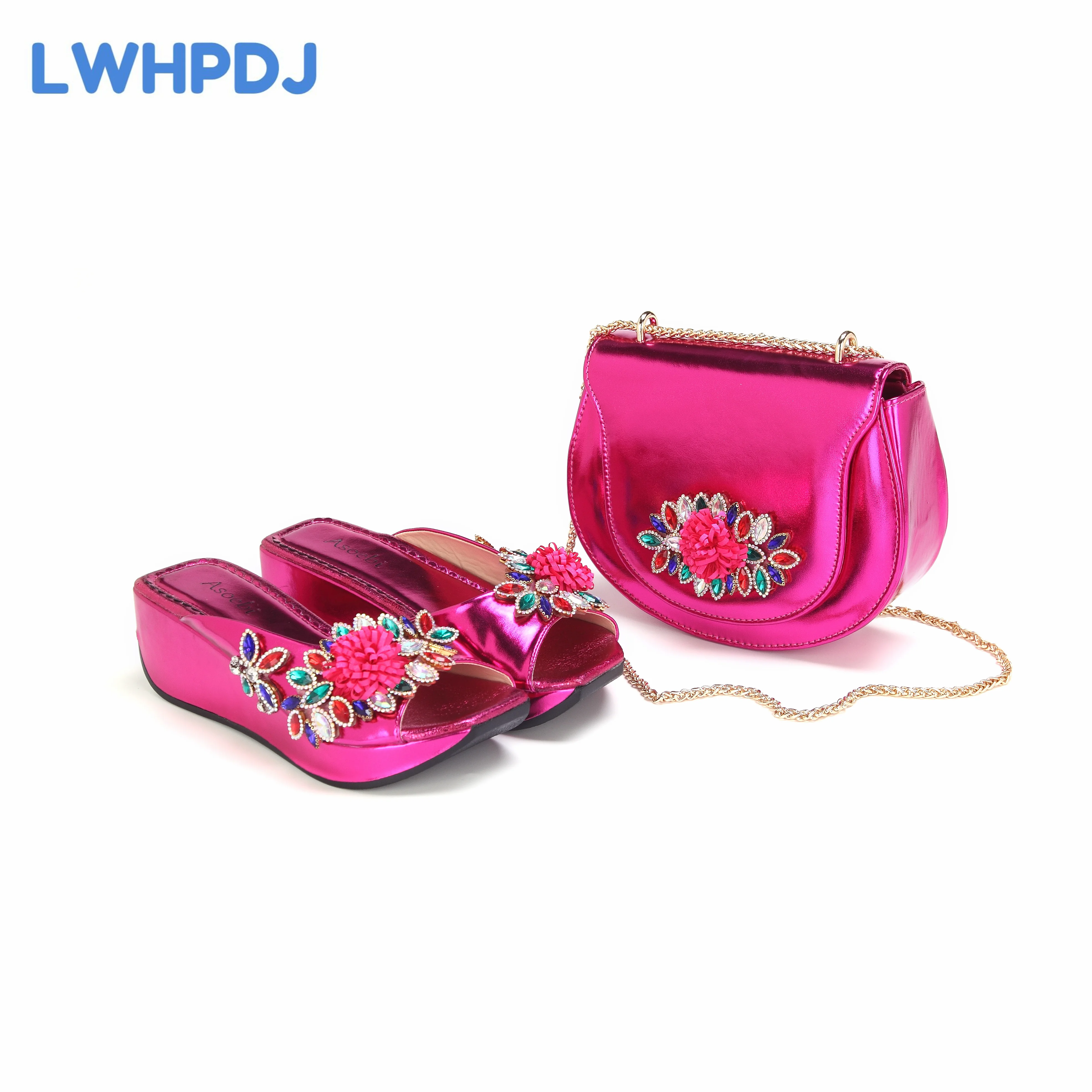 INS New Coming Peep Toe High Comfortable Heel Slipper with Handal Bag Set in Fuchsia Color For Mature Ladies