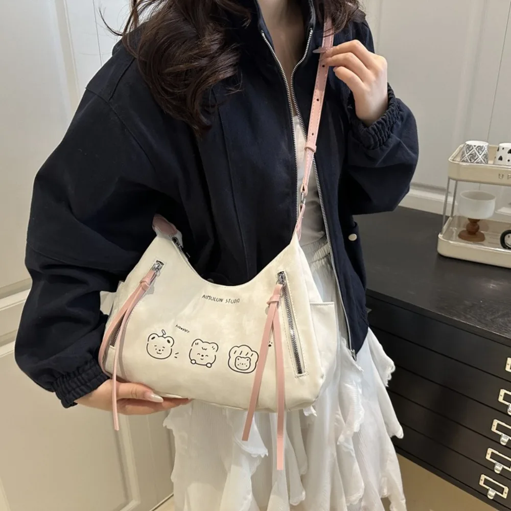 

Solid Color PU Leather Crossbody Bag Korean Style Wide Shoulder Strap Cartoon Shoulder Bag Large Capacity Tote Bag Underarm Bag