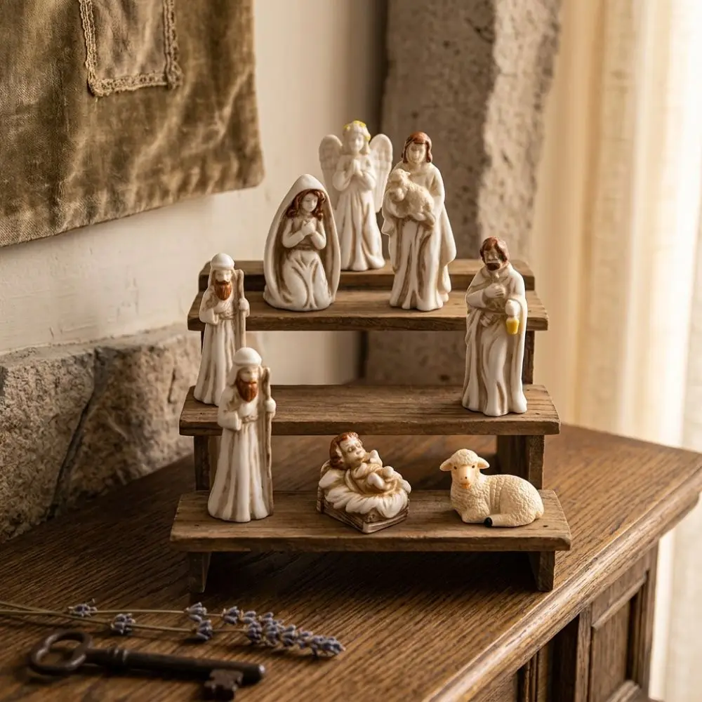 7Pcs Miniature Nativity Scene Figurine Set Resin Craft Vintage Christmas Manger Resin Statues Collectible Desktop Scene