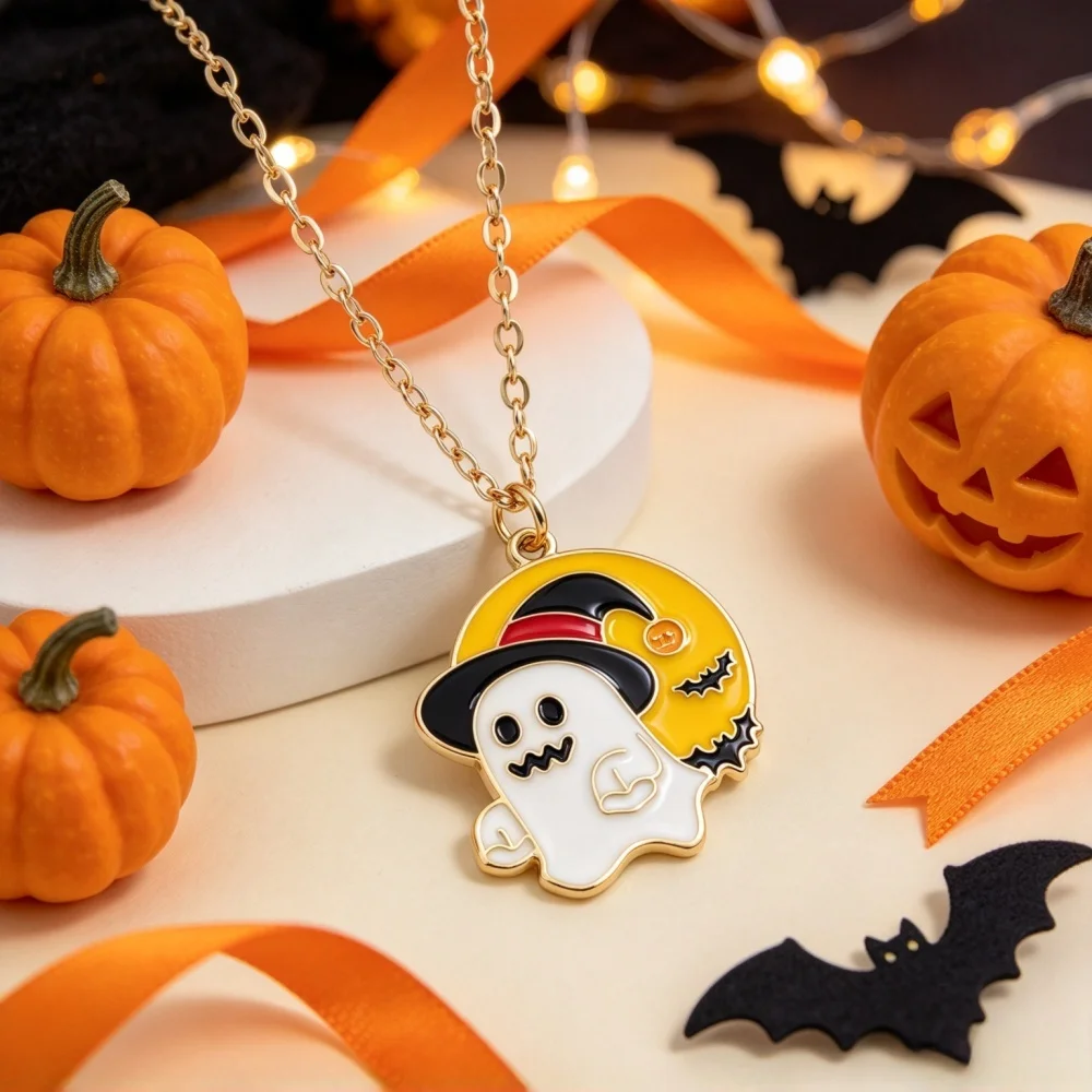 Spooky Ghost Necklace Halloween Haunted House Spider Oil Pendant Drop Alloy Jewelry Gift for Boys Girls Costume Party Fashion