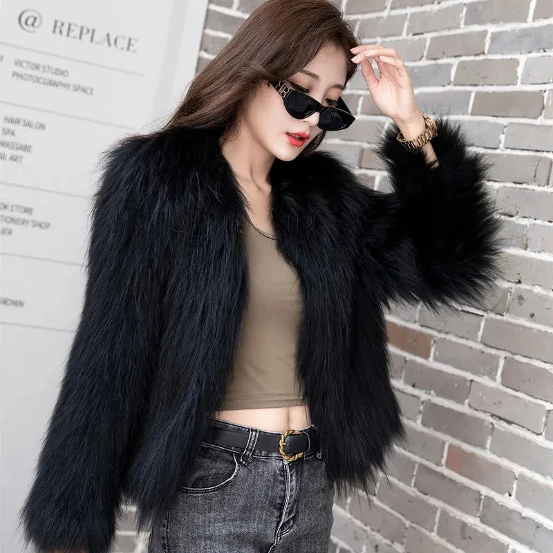 Faux Fur Coat Women Luxury Collarless Short Fur Outwear Winter Elegant Thick Artificial Fur Jacket Warm Shaggy Overcoat