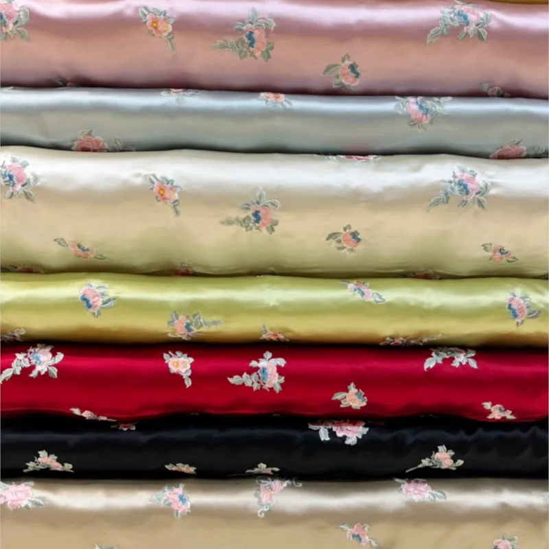 

Heavy acetic acid fabric peony industry embroidery imitation Su Chinese style film and television cheongsam dress multi-color