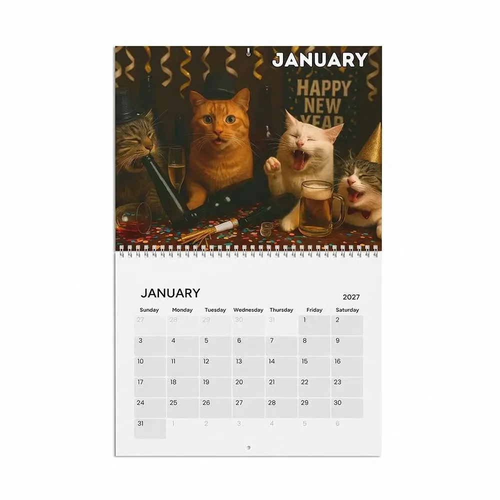 2027 Cat Wall Calendar Funny Drunk Cat Monthly Planner Jan Dec Schedule Organizer Coil Binding Home Decor Gift for Cat Lovers