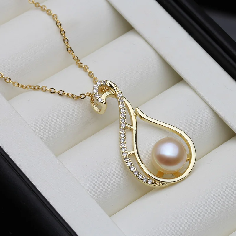 925 Sterling Silver Necklace Pendant Necklace,Gold Plated Natural Freshwater Pearl Pendant Chain Necklace Women