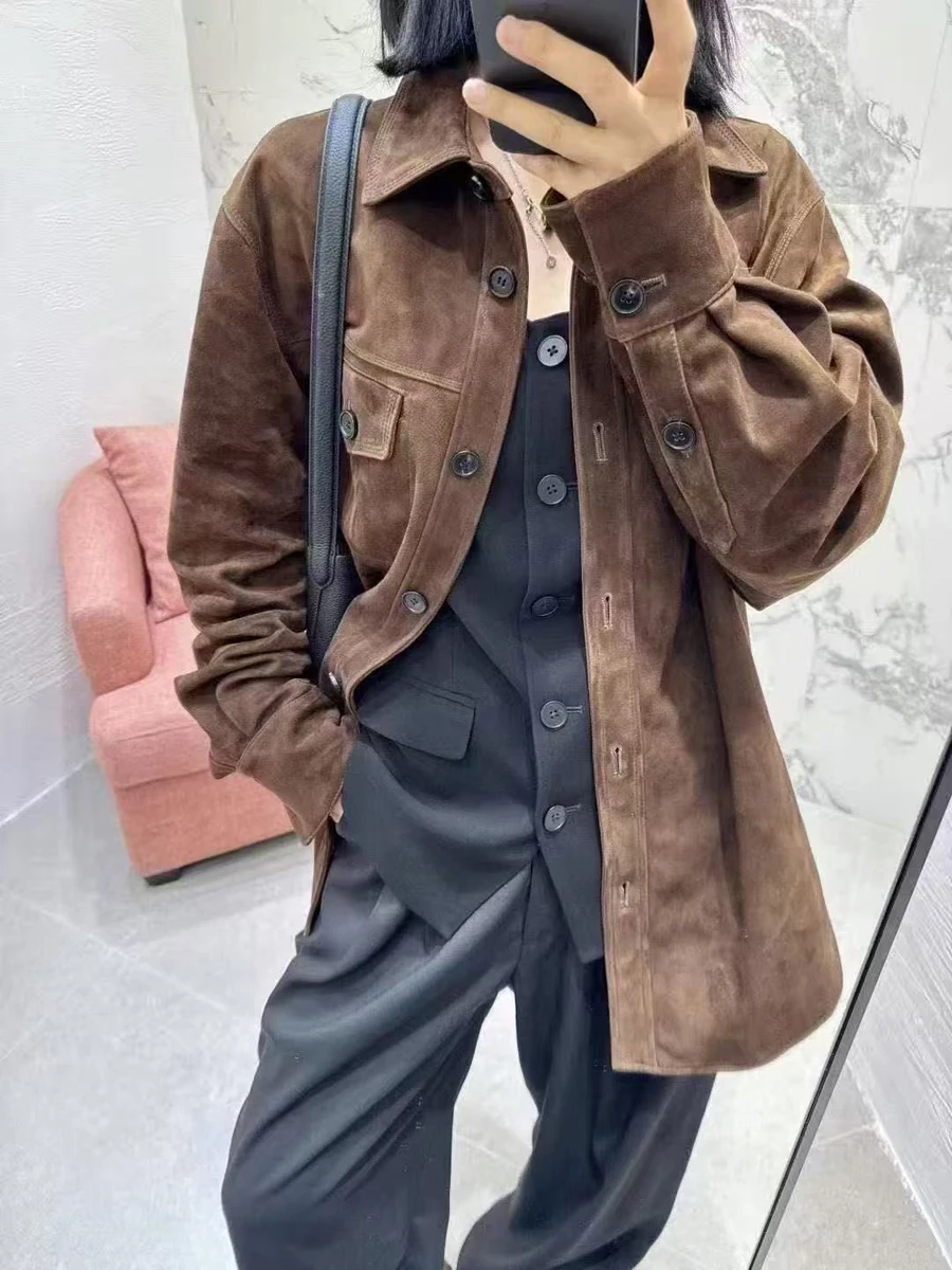 Kurtka damska w stylu retro z owczej skóry, brązowa, na rok 2025, modny dziecięcy płaszcz z zamszu, streetwear, damska kurtka w stylu koszuli z kołnierzem.