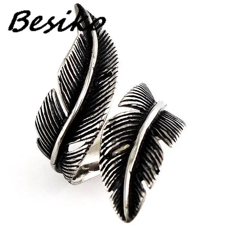 

Besiko Hip-Hop Silver-Color Feather Rings Nightclub Exaggerated Stainless Steel Ring For Women Men's Finger-Rings Jewelry