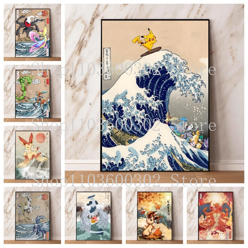 Pokémon Pikachu Poster Ukiyoe Kobe River Surfing Pokémon Anime Canvas Painting Modern Home Room Wall Art Decoration Painting