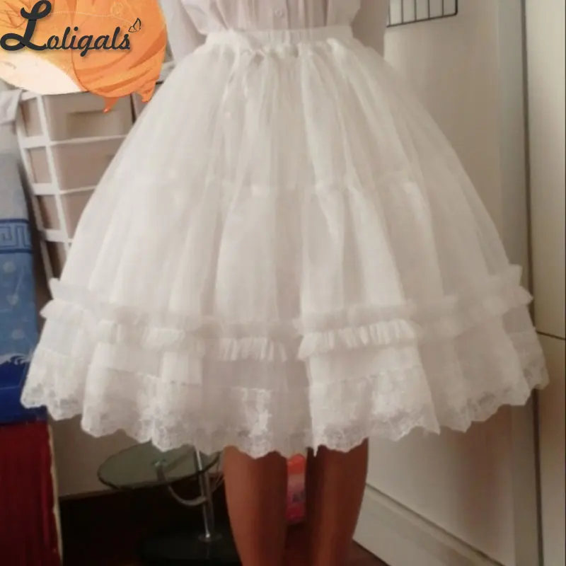 Słodka suknia balowa Lolita halka krótka Pettiskirt bufiasta damska organza Cosplay halka z koronkowymi wykończeniami