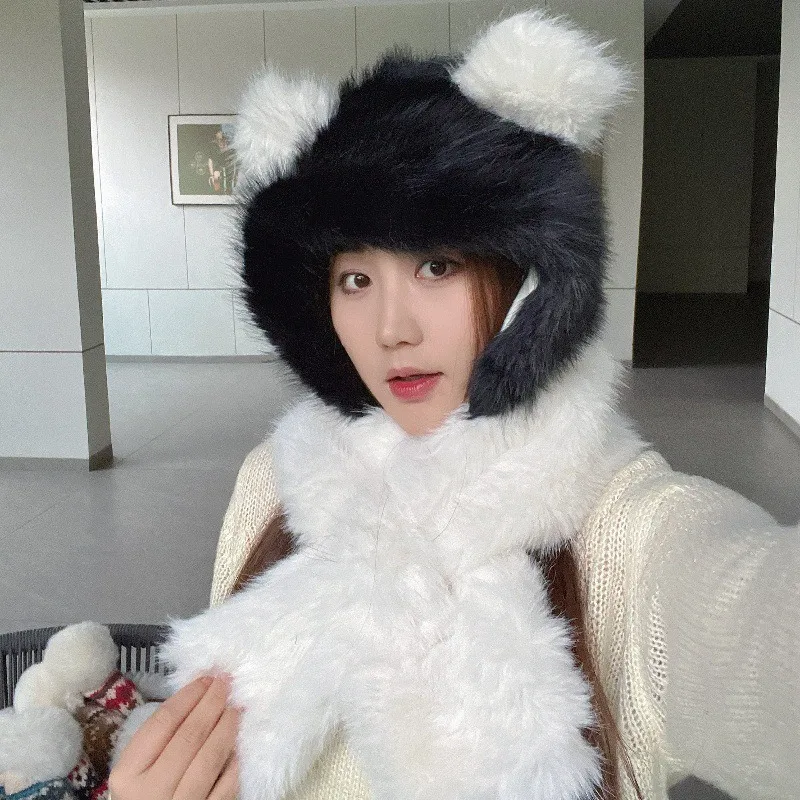 Fashion Trapper Hat Aviator Ushanka Extreme Cold Thickened Panda Cap Ear Woolen Women Winter Warm Scarf ear-protecting 2M98