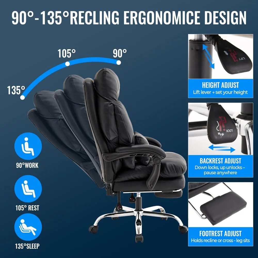 Office Chair with Footrest 500lbs,Reclining Leather Computer Chair for Heavy People, Big and Tall Comfy Executive Desk Chair wit
