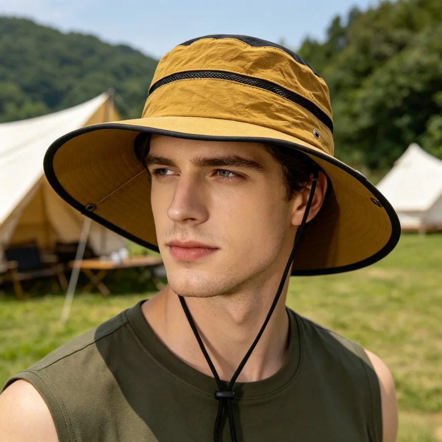 Large Brim Mesh Breathable Outdoor Fisherman's Hat for Men, with Windproof Strap, Foldable Sun Protection Bucket Hat, Suitable for Fishing, Hiking, Camping, Construction Work, and Daily Outings