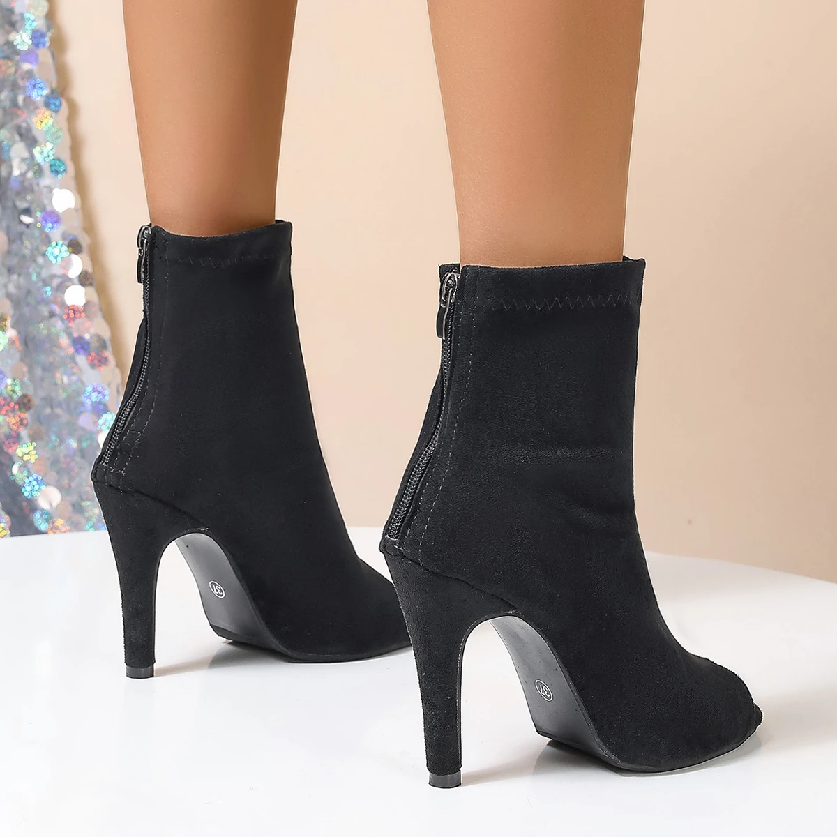 Aphixta Thin Heel Women Ankle Boots Stretch Fabric Socks Boots Women Black Shoes Elegant Peep Toe Elastic Ankle Boots for Women