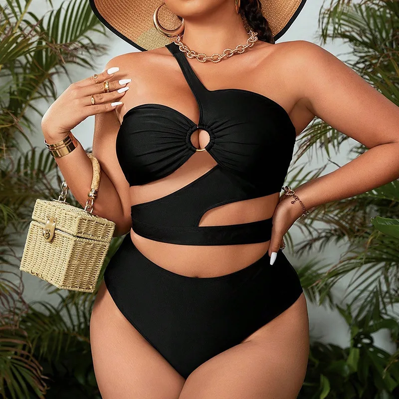 2024 Plus Size Swimwear One Shoulder Cut Out Black Sexy Women\'s Swimsuit Curvy Female Bikini Sets