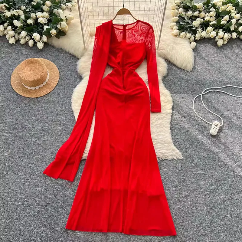 

Evening For Women High-End Design Shawl Ribbon Patchwork Ruched Waist Elegant Mesh Dress