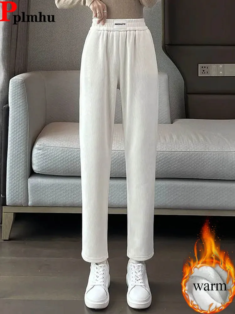 กางเกงฮาเร็มหนานุ่มสำหรับฤดูหนาว แฟชั่นเกาหลี เอวยางยืดสูง บุผ้ากำมะหยี่ กางเกงลำลองผู้หญิง ความยาวระดับข้อเท้า