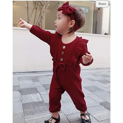 Infant Baby Girls Romper Newborn Baby Girl Clothes Solid Color Ribbed Jumpsuit with Headband 2PCS Outfits