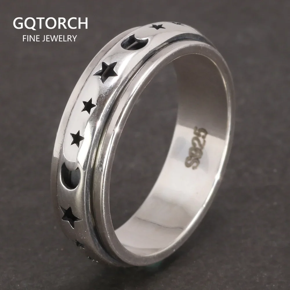 Real 925 Sterling Silver Spinner Band Ring Moon Star Celtic Stress Relieving Anxiety Ring Gifts for Men And Women