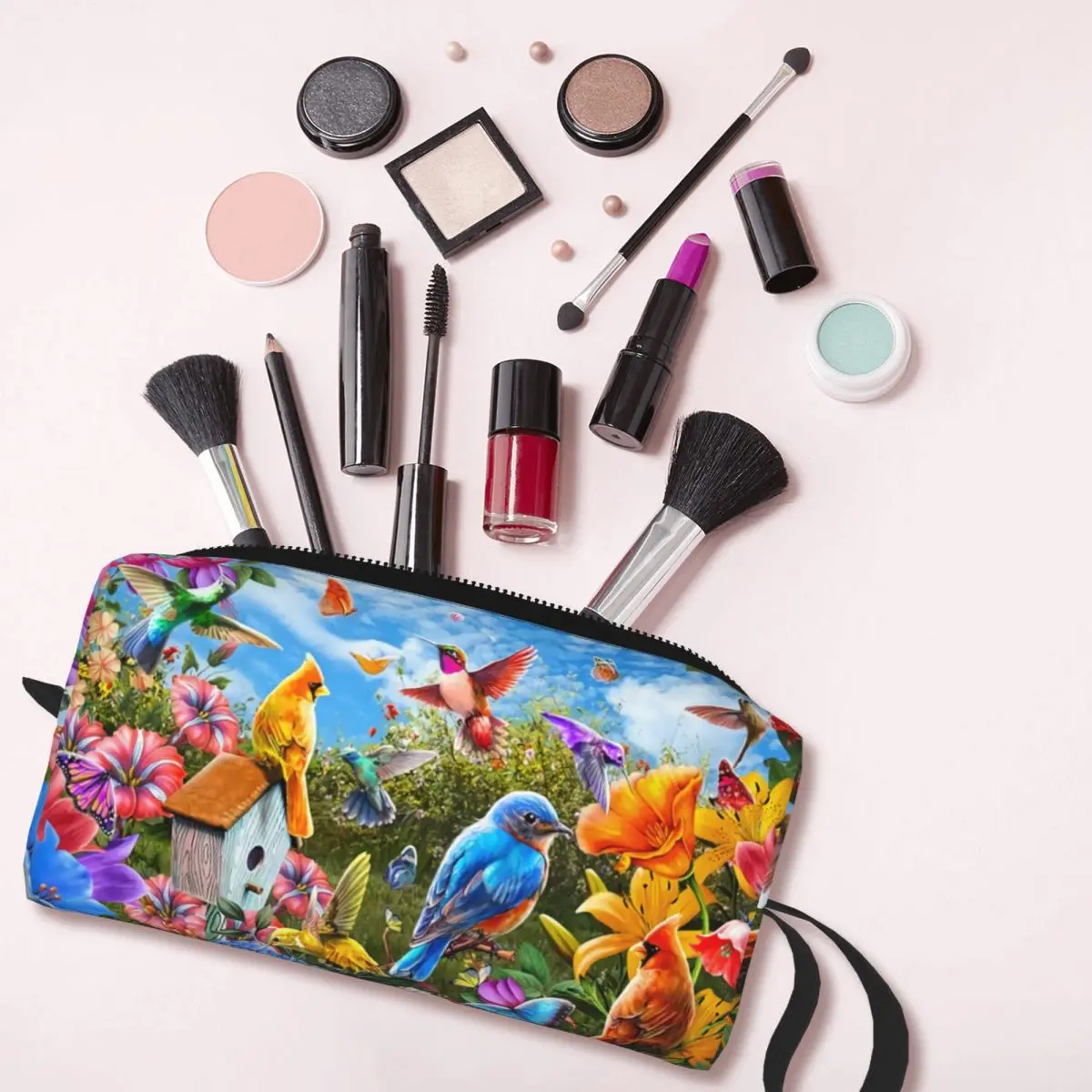 Custom Fashion Birds And Flowers Travel Toiletry Bag for Women Makeup Cosmetic Bag Beauty Storage Dopp Kit