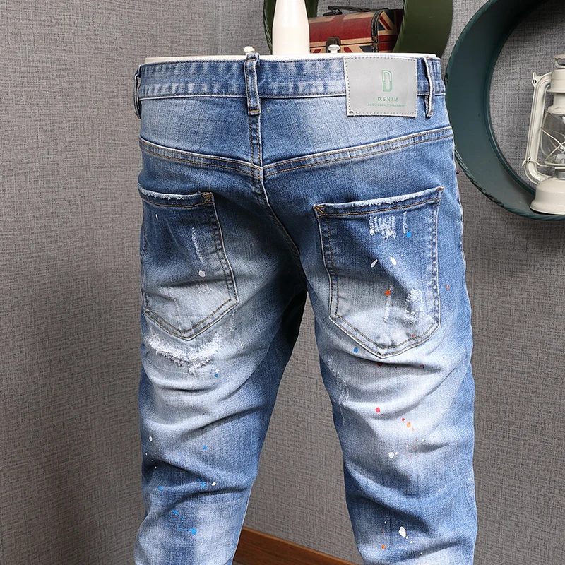 Street Fashion Men Jeans Retro Light Blue Stretch Slim Fit Ripped Jeans Men Patched Vintage Designer Elastic Denim Pants Hombre