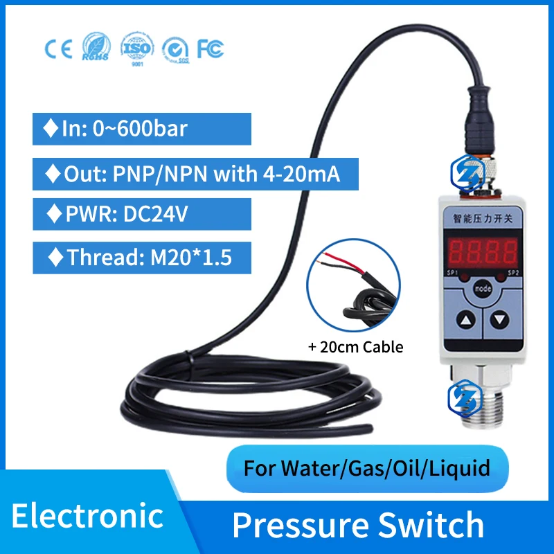 NPN PNP Intelligent Electronic -1 to 600 bar Digital Pressure Switch 4-20mA Hydraulic Pneumatic Pressure Switch Controller