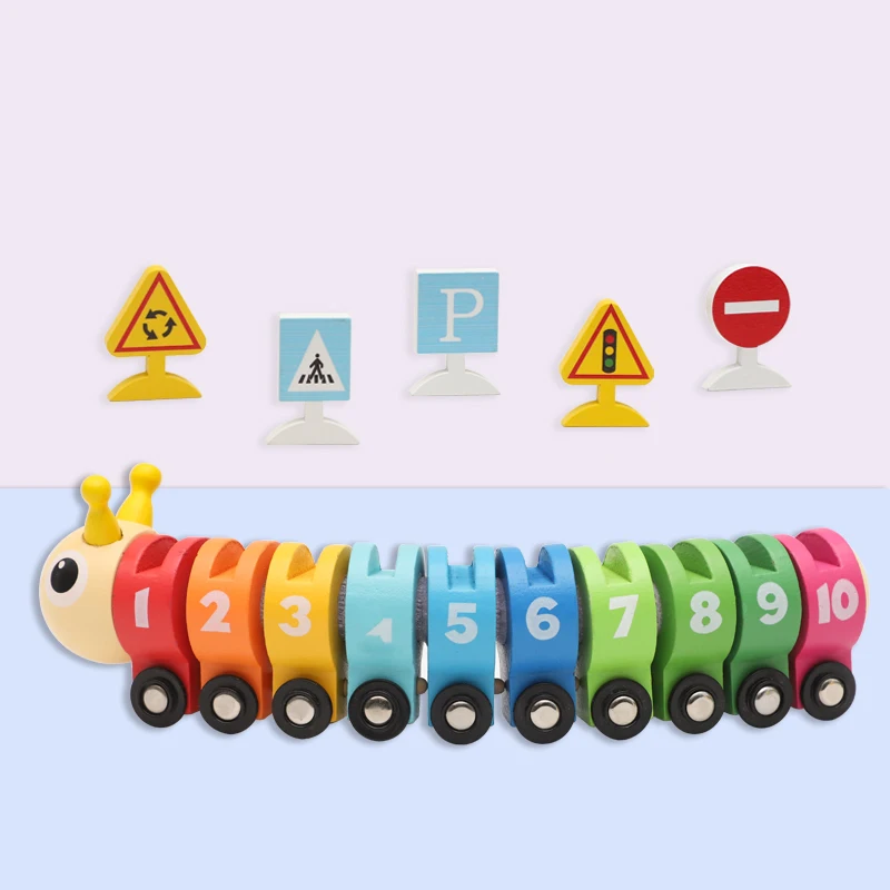 Colorful Wooden Caterpillar Train Set With Number Traffic Signs, Color Number Cognition Traffic Toy, Educational Toy As Gift