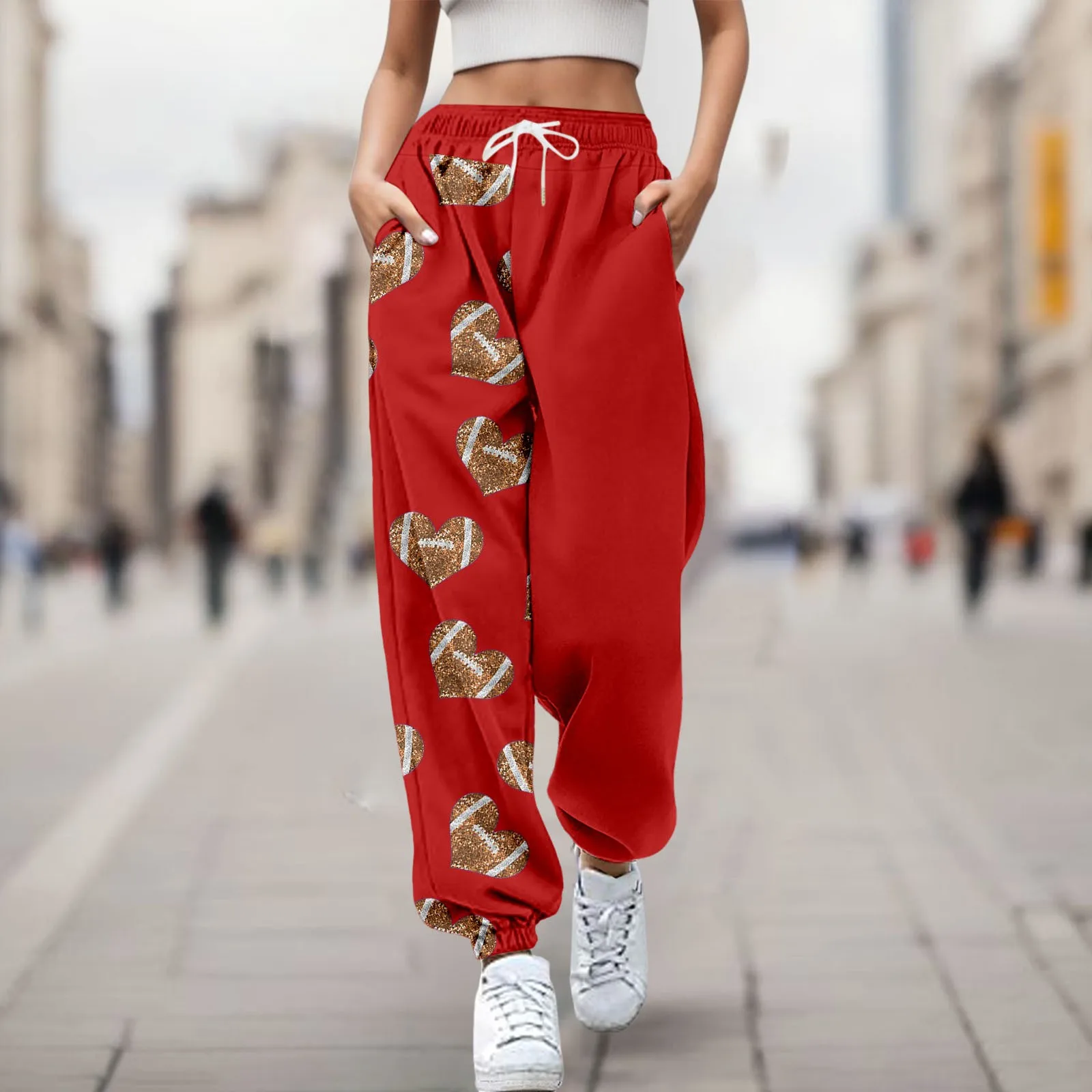 

Women'S Rugby Print Fashion Trend Casual Pants High Waist Lace-Up Patchwork Ankle Pants Loose And Comfortable Sweatpants