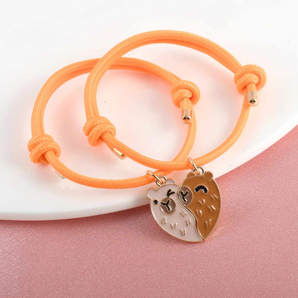 Karsyngirl 2Pcs/set Cute Animal Kapibala Heart Stitching Rope Best Friend Bracelet for Girls Fashion Friendship Gifts