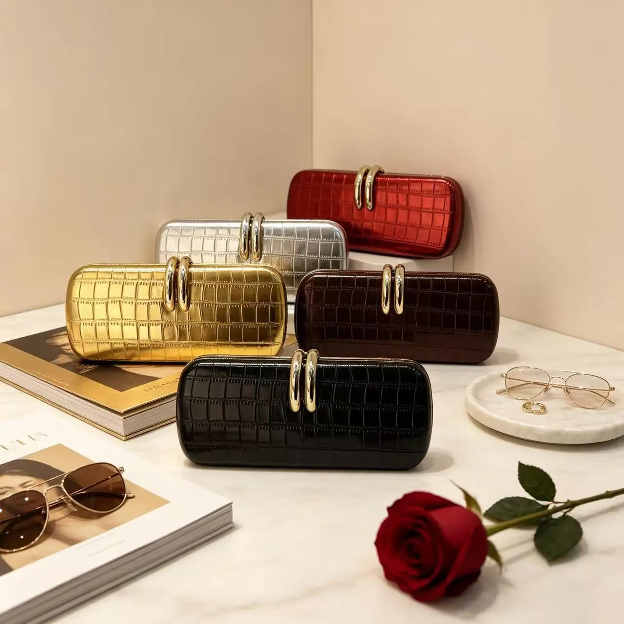 Dinner bag Solid color crocodile pattern light luxury clutch bag Women's high-end wedding party banquet evening bag