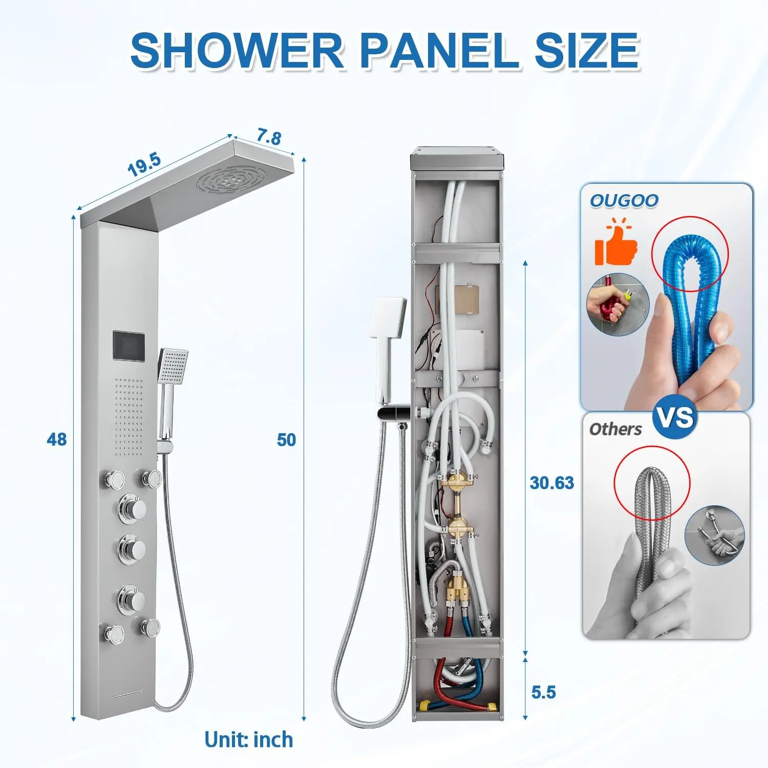 ROVATE Shower Panel Stainless Steel LED Rainfall Head Body Jets Handheld Tub Spout No Battery Needed Shower Tower System Brushed