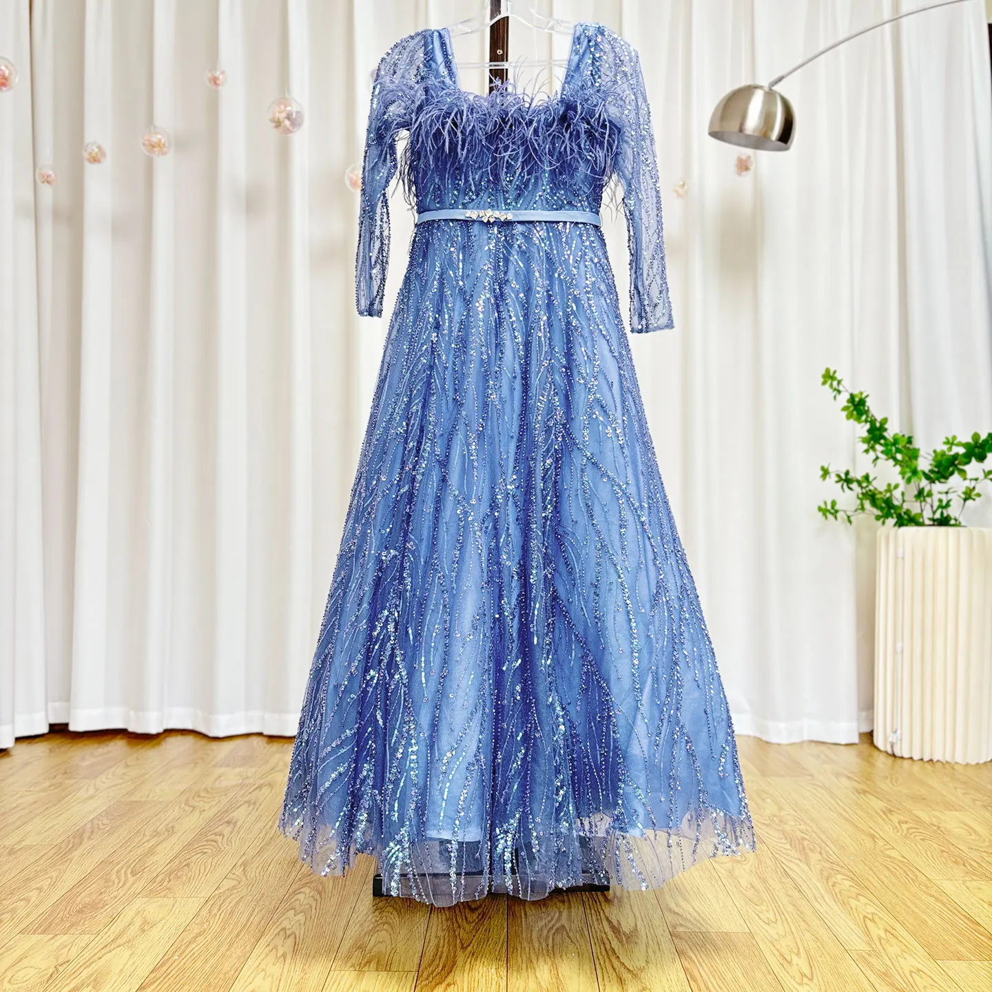 Jill Wish Luxury Dubai Blue Girl Dress Feathers Beaed A-Line Gown for Kids Wedding Birthday Communion Party Pageant 2024 J369