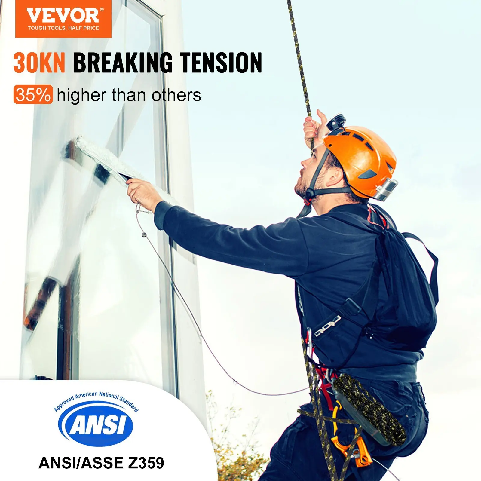 Fall Protection Rope with 30 KN Breaking Tension, Polyester Roofing Rope with Steel Snap Hooks, Rope Grab, and Shock Absorber