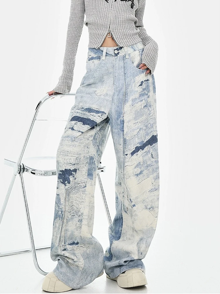 Mueyaruho 2026 primavera verão feminino peruca perna jeans americano tie dye impresso cintura alta solto ajuste calças retas para mulher