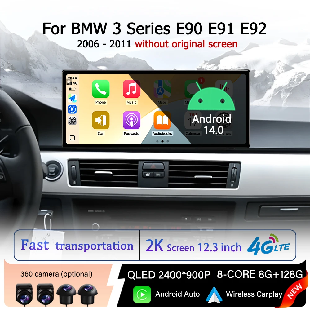 

Carplay Android 14 Car Radio for BMW 3 Series E90 E91 E92 2006 - 2011without original screen Multimedia Player QLED Touch Screen